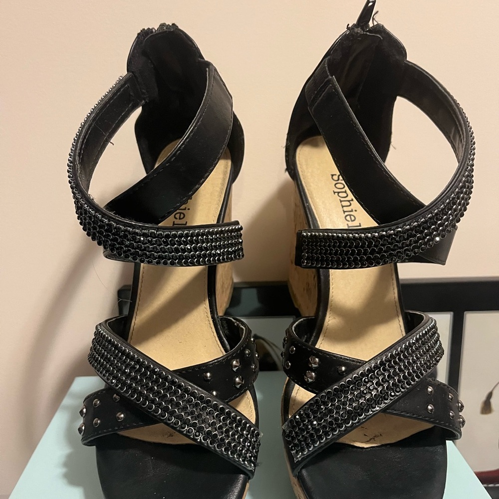 Sophie17 Black Wedge Sandals with Rhinestone Straps